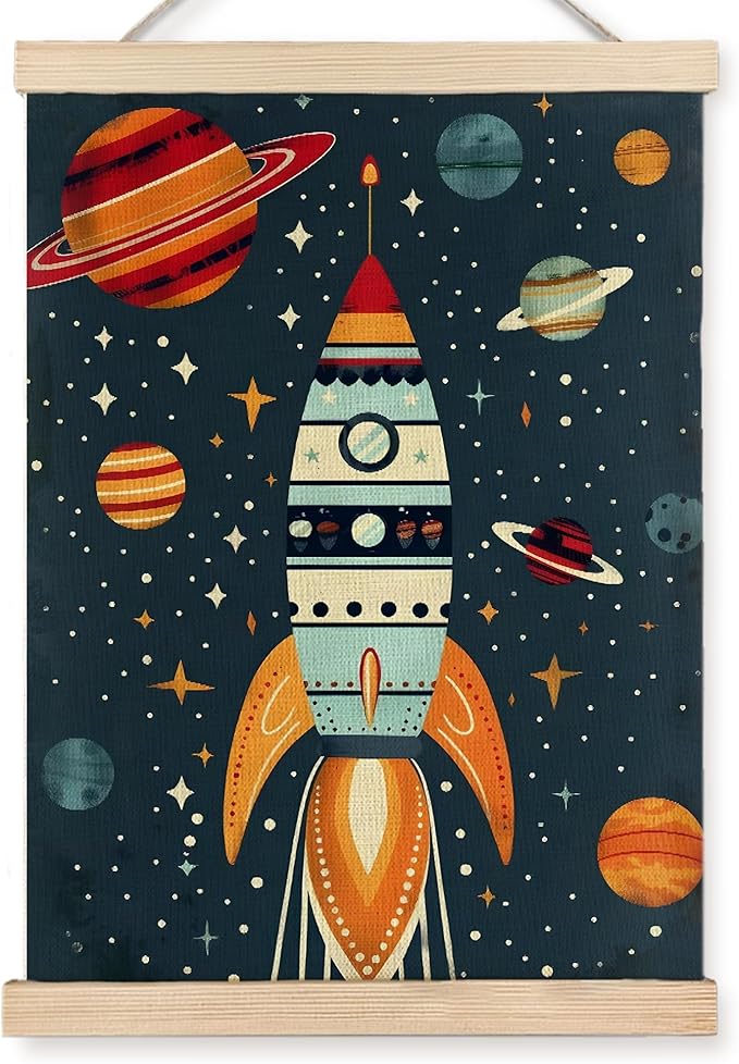 URLLUAE Rocket Ship Space Wall Art Posters for Kids Room, Colorful Outer Space Planet Poster Hanger Frame for Boys Bedroom Classroom Nursery Playroom Wall Decor, 16x24 Inch