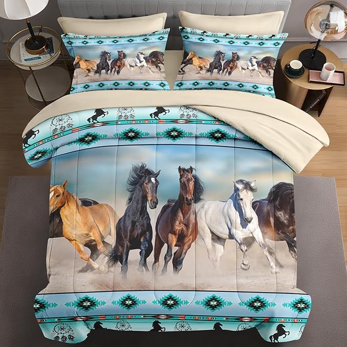 5 Pcs Twin Size Comforter Set with Pillowcase & Sham, Horses Western Bedding for Kids and Adults, Tribal Sunset Run Bed in a Bag with Flat Fitted Sheet