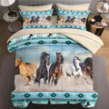 5 Pcs Twin Size Comforter Set with Pillowcase & Sham, Horses Western Bedding for Kids and Adults, Tribal Sunset Run Bed in a Bag with Flat Fitted Sheet