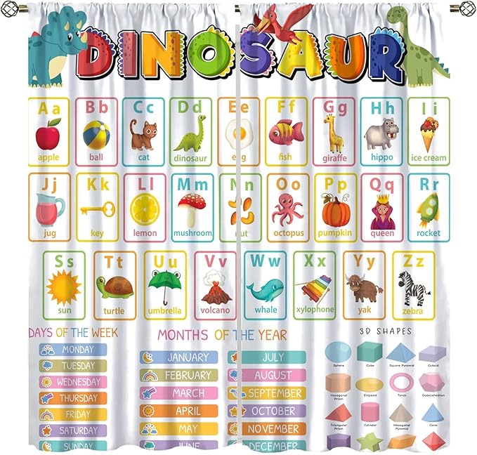 Funny Kids Alphabet Curtain, Cartoon Animal Alphabet Learning Dinosaur Boys Kids Students Baby Educational Colorful Blackout Window Treatments for Bedroom Living Room School 72" W X 63" L