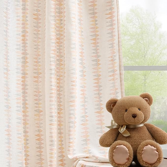 jinchan Linen Nursery Curtains for Living Room Boho Curtains for Bedroom Kids Room 63 Inches Long Pink Geometric Printed Farmhouse Drapes Rod Pocket Window Treatment Curtain Set of 2 Panels Peachy