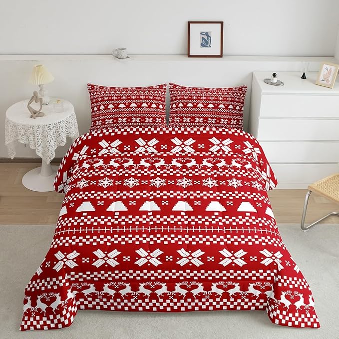 Feelyou Red Christmas Bedding Set for Kids Boys Girls Full Size Xmas Deer Decor Comforter Set Ultra Soft Xmas Snowflake Comforter Winter Duvet Quilt Bedroom Decor Christmas Decor Quilt
