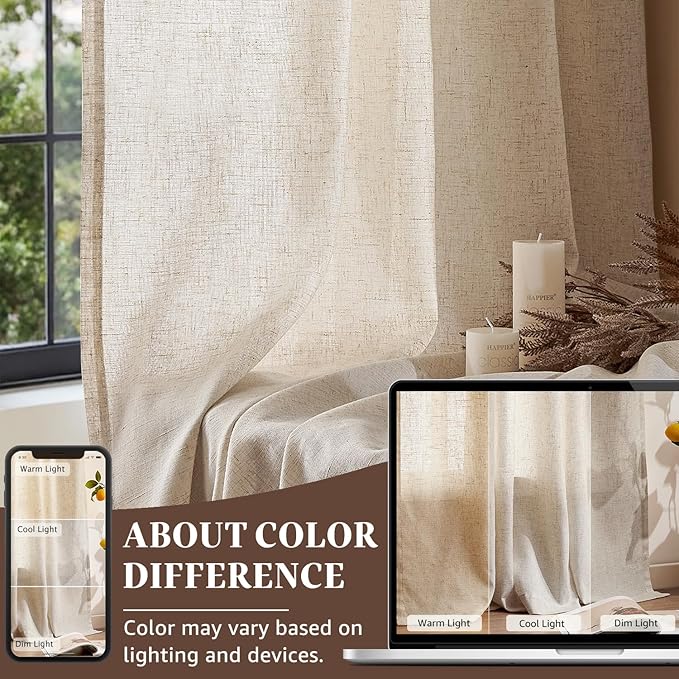 jinchan Beige Linen Blend Curtains 96 Inches Length 2 Panels Floor to Ceiling Curtains for Bedroom Living Room, Semi Sheer 50 Inches Wide Natural Farmhouse Drapes Rod Pocket Back Tab (50W x 96L, Ecru)