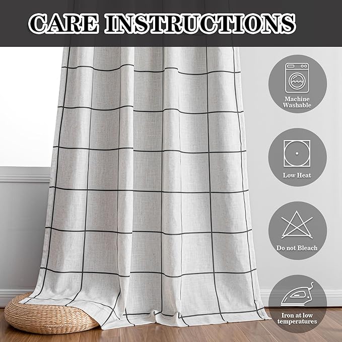 MYSKY HOME 100% Blackout Plaid Farmhouse Linen Curtains 84 Inch Long for Living Room Double Layer Windowpane Drapes Thermal Insulated Privacy Protection Rod Pocket Back Tab, 52" W, Black, 1 Panel