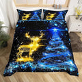 Christmas Duvet Cover Set Twin Size Gold Reindeer Bedding Set 2pcs for Kids Boys Girls Room Decor Blue Christmas Tree Comforter Cover Western New Year Theme Quilt Cover with 1 Pillowcase,No Comforter