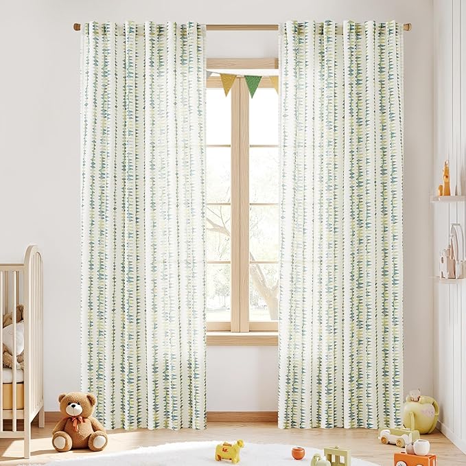 jinchan Linen Nursery Curtains for Living Room Boho Curtains for Bedroom Kids Room 84 Inches Long Geometric Printed Farmhouse Drapes Rod Pocket Window Treatment Curtain Set of 2 Panels Green
