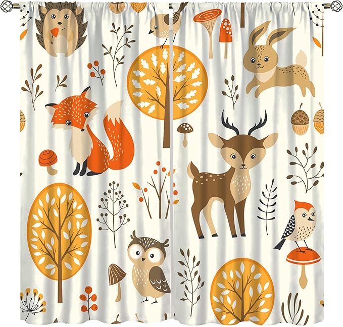 Kids Forest Animal Curtains,Baby Bedroom Window Treatments, Cartoon Watercolor Forest Animal Lion Boys Girls Children Bedroom Drapes 42x63in