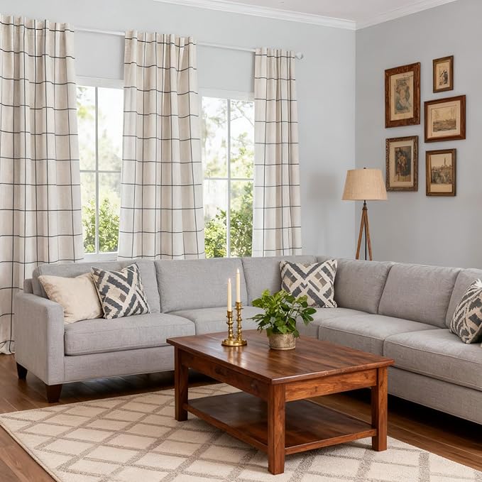 MYSKY HOME 100% Blackout Plaid Linen Curtains 90 Inches Long Double Layer Farmhouse Thermal Insulated Checkered Patterned Drapes Rod Pocket Back Tab for Living Room Dining Room, 2 Pcs, W52, Deep Grey