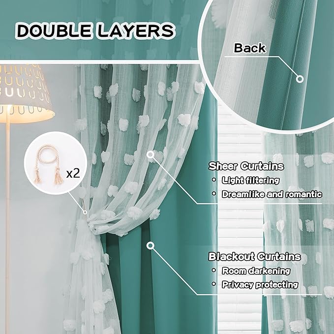 MYSKY HOME Teal Curtains for Kids Room Nursery Curtains 72 Inches Long for Girls Bedroom Double Layer Curtains White Pom Pom Sheer Curtains for Dining Room Grommet Room Darkening Panels W52 X L72