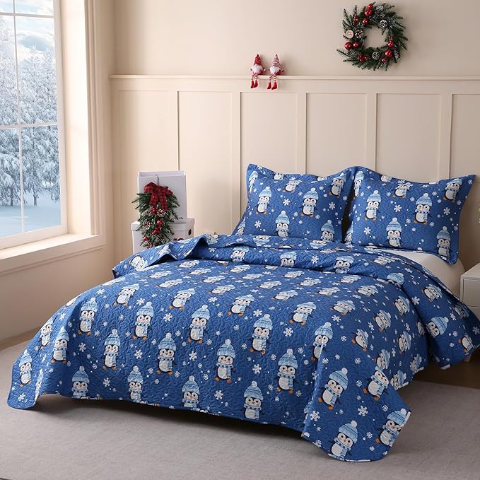 JSD 2 Pcs Kids Christmas Quilt Set Twin Size, Blue Penguin Christmas Theme Bedding, Soft Microfiber Bedspread Coverlet Holiday Quilted Blanket