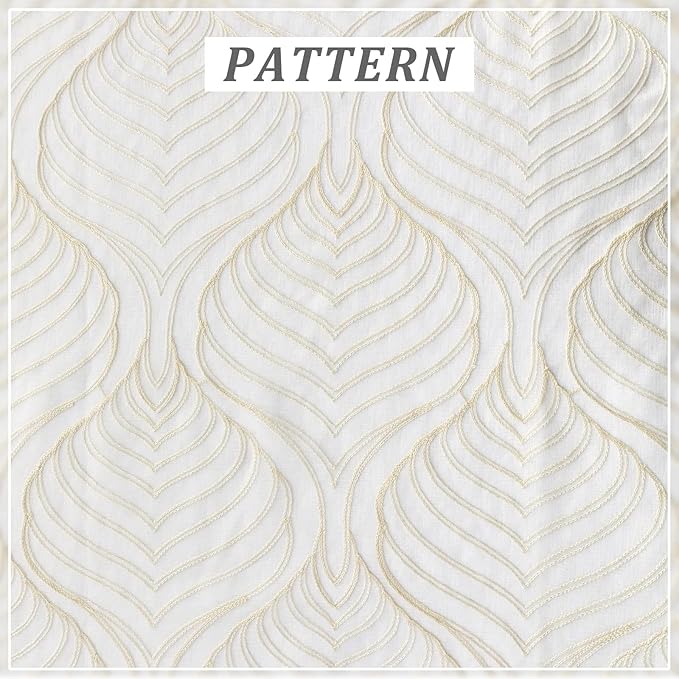 VISIONTEX Sheer Curtains 108 Inches Long 2 Panels Set Beige Moroccan Embroidery Texture Geometric Rod Pocket Ivory White Voile Tulle Semi Window Treatment Pair for Bedroom Living Room 54 x 108 Inches
