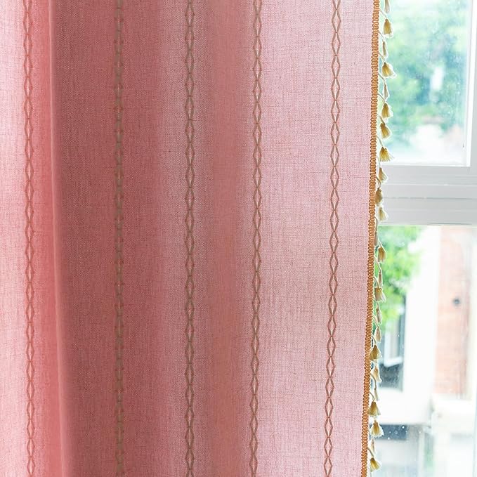 Deeprove Pink Boho Curtains 96 inches Long for Baby Princess Teenage Girl School Bedroom Nursery Room, Blush Bohemian Embroidery Farmhouse Privacy Fringes Window Treatments Decor, W52 x L96, 1 Panel