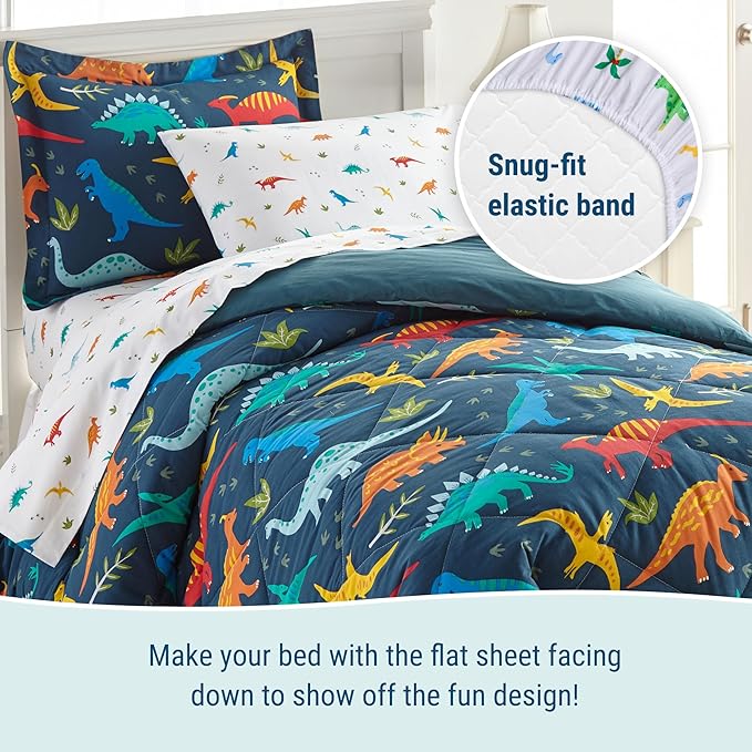 Wildkin 5-Piece Twin Bedding Set – 100% Cotton Comforter, Sheets & Pillowcase for Cozy Cuddles - Jurassic Dinosaurs