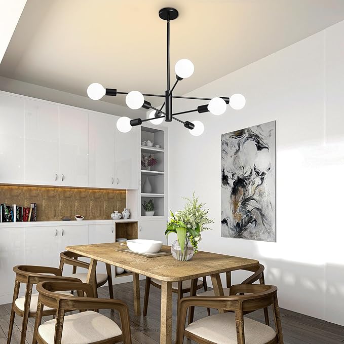 Modern Sputnik Chandeliers Light, 8-Light Black Chandeliers for Dining Room, Height Adjustable Ceiling Lights Farmhouse Chandelier for Kitchen Island Living Room Bedroom