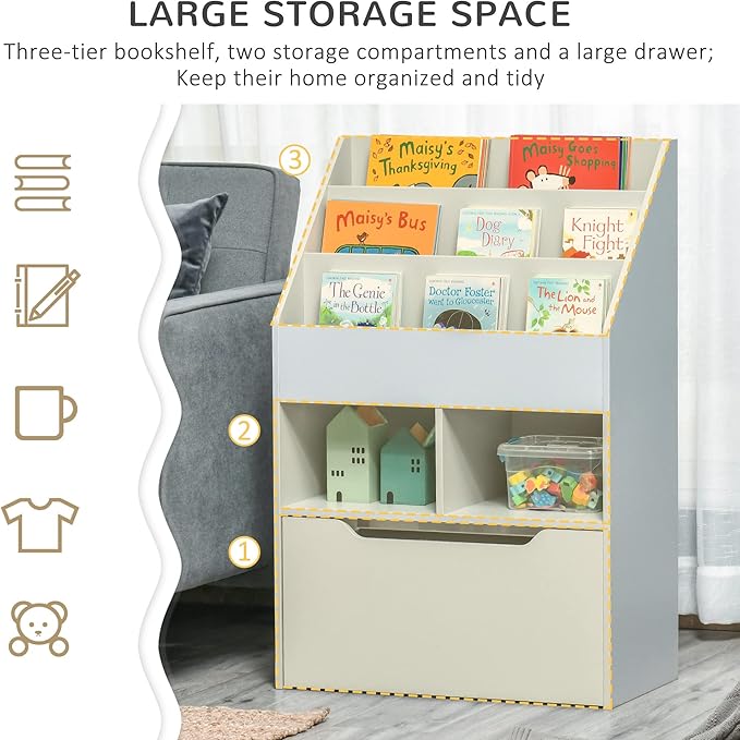 HOMCOM Kids Bookcase Multi-Shelf Rack Organizer with Storage Drawer for Books, Playroom, Gray