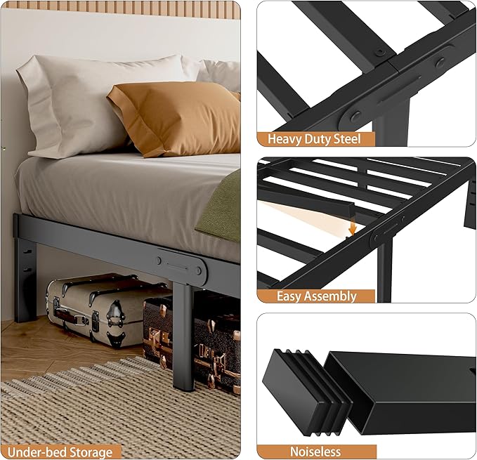Black King Size Bed Frame 12 Inch, Metal King Bed Frame No Box Spring Needed, DIY Headboard Holes, Heavy Duty Steel Support 3500 LBS, Noiseless, Round Corner Leg, Storage Space, Easy Assembly