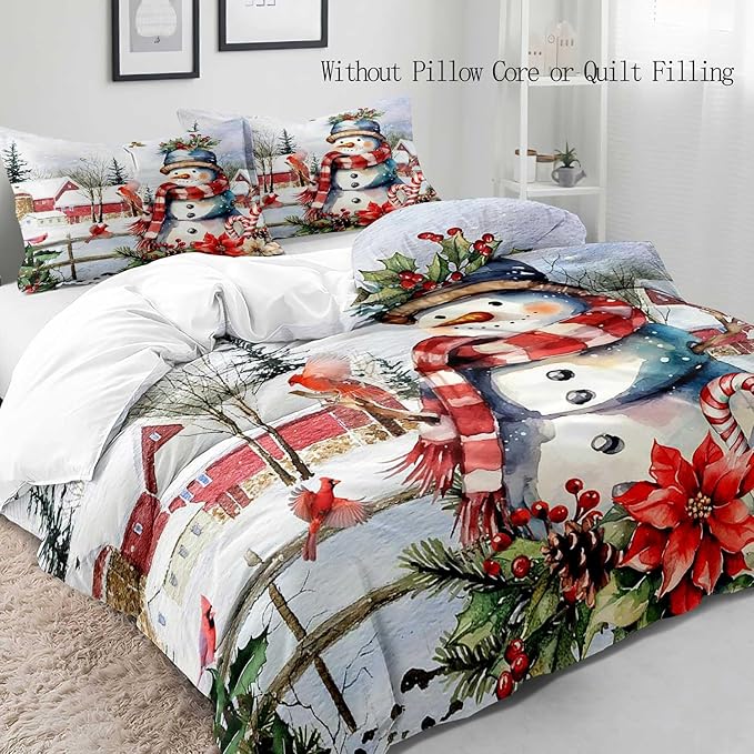 LUVIVIHOME 2PCS Cute Snowman Duvet Cover Twin Bedding Sets, Christmas Bedding, Red Bird Cardinal Poinsettia Winter Holiday New Year Xmas Gifts Christmas Comforter Bedspread Quilt Cover, 1 Pillow Sham