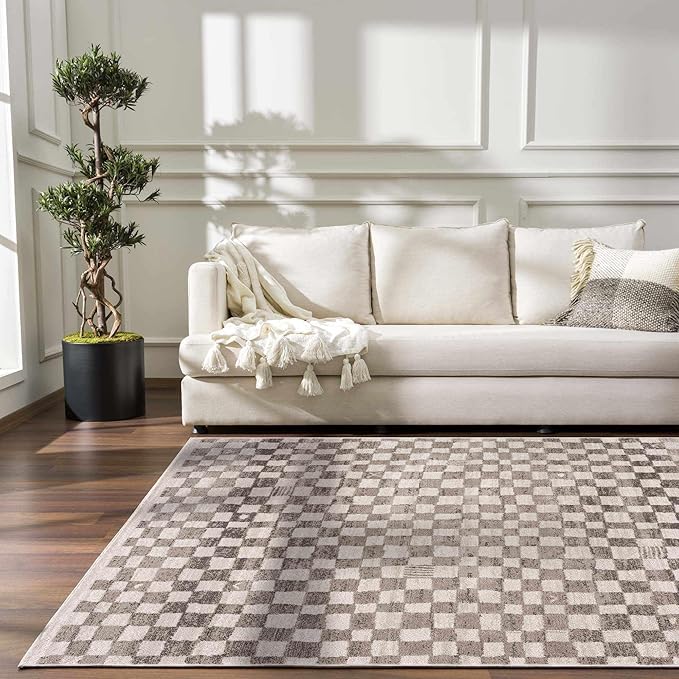 Hauteloom Pertek Modern Checkered Area Rug - Modern Geometric Carpet for Living Room, Kids Room, Nursery - Bohemian Boho Carpet - Cream, Beige, Tan - 2'7" x 4'