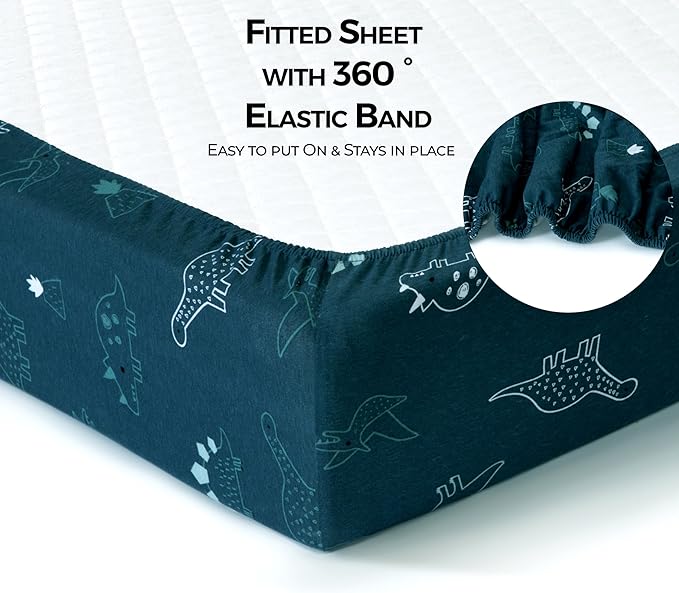 Dreamology Cotton Crib Sheets,2-Pack,Standard Crib Sheets Boys,Girls,100% Cotton Crib sheets,Baby Crib sheet,Cotton Crib Sheet Fitted and Toddler Bed Sheets,52x28 Crib Mattress Sheet | Dino,Denim Blue