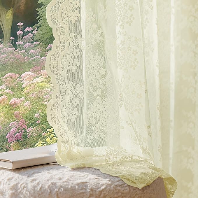 Anmao Vintage Lace Curtains 54 Inches Long 2 Panels Set, Romantic Elegant Light Filtering Semi Sheer Floral Thick Lacy Curtain Drapes for Living Room and Bedroom, Each Panel 55W x 54L, Cream Yellow