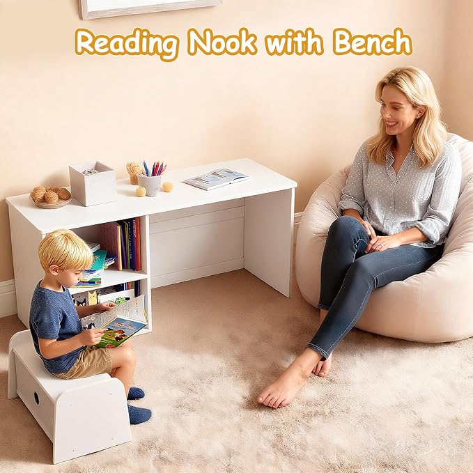 Kids Bookshelf with Bench, Toddler Table with Reading Nook, Montessori Shelf with Fabric Drawer, Toy Organizers and Storage for Kids Rooms, Nursery, Playroom, Bedroom, White