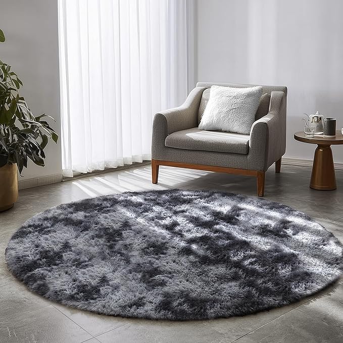 Amdrebio Tie-Dyed Dark Grey Round Area Rug 5Ft for Living Room Bedroom, Soft Furry Shaggy Circle Rugs for Classroom Playroom Dorm, Modern Cool Shag Fluffy Fuzzy Circular Carpet for Men Kids Teen Boys