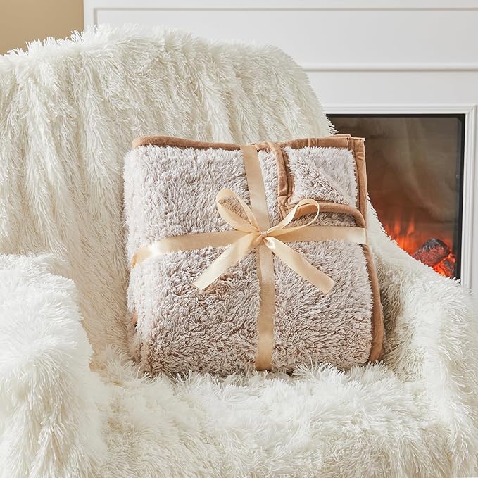 EMME Soft Sherpa Fleece Blanket Reversible Plush Fluffy Large Blanket, Light Weight Warm Decorative Boho Blanket Cover for Sofa, Couch, Bedroom,Travel(Plush Khaki,90"x90")