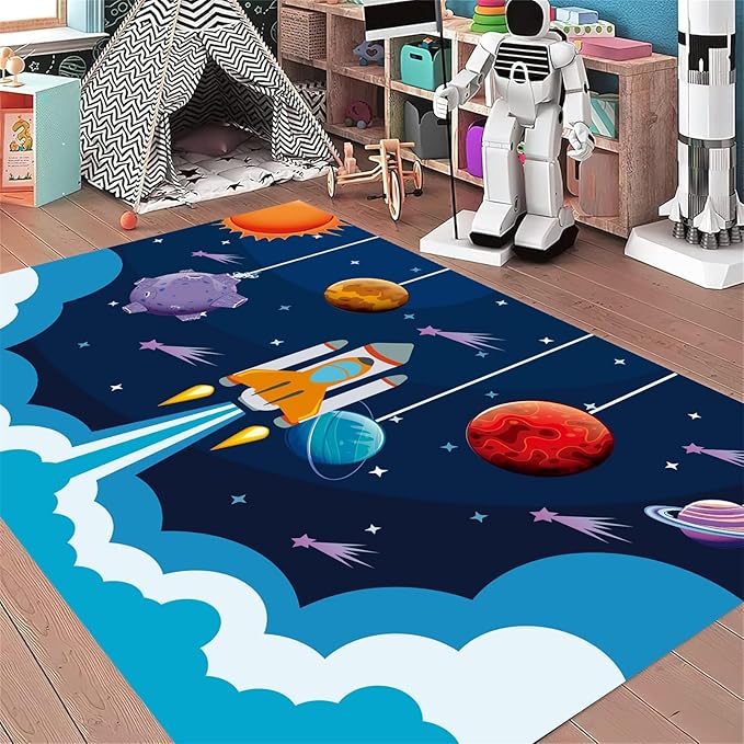 Outer Space Rugs,5x7ft,Kids Playroom Crawling Mat,Machine Washable,Non-Slip Carpet with Cartoon Planets and Rocket Design,Suitable for Kids Bedroom,Classroom,Nursery Decorative Rug