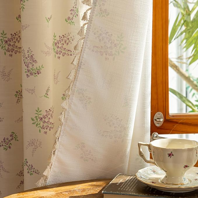 ENJOYBRIDAL Purple Floral 63 Inch Curtains for Living Room Decor Drapes Semi Sheer Bedroom Rod Pocket Short Window Curtains 2 Panels Tassel Aesthetic Farmhouse Cute Boho Window Treatments