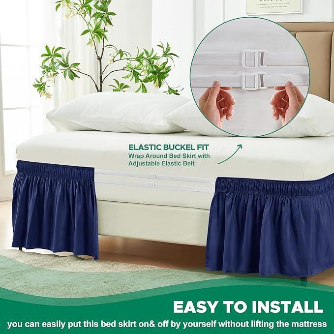 Biscaynebay Wrap Around Bed Skirts for Queen Beds 22" Long Drop, Navy Adjustable Elastic Dust Ruffles Easy Fit Wrinkle Resistant Silky Luxurious Fabric Machine Washable