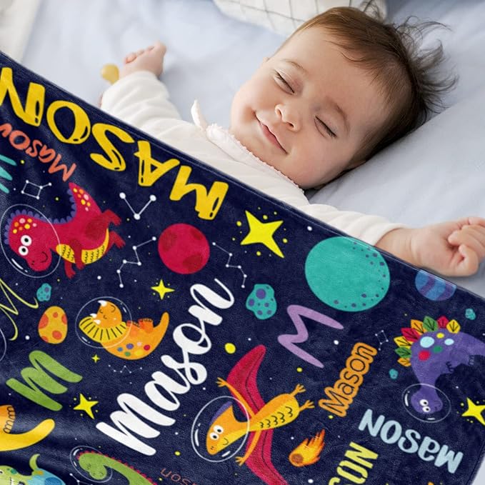 Personalized Dinosaur Blanket for Boys, Custom Name Blanket for Kids Dino Outspace, Soft Flannel Dinosaur Toddler Blanket Customized Gift for Birthday Christmas Baby Shower, Newborn Gift 30" X 40"