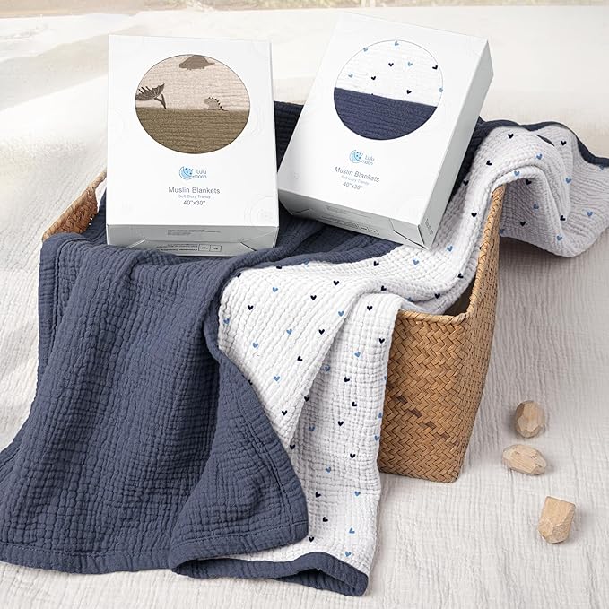 lulumoon Baby Blanket for Boys Newborns: Lightweight Cotton Swaddle for Receiving - Ideal Stroller Blanket for Travel & Baby Shower 36"x40"(Blue)