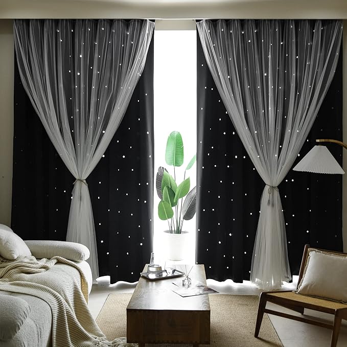 Kinryb Kids Blackout Curtains for Bedroom/Living Room/Classroom, Sheer Overlay Small 2 Panel Set, Double Layer Curtains with Star Cutout for Kids Room(W 52 x L 36 Inches,Black 2 Pcs)