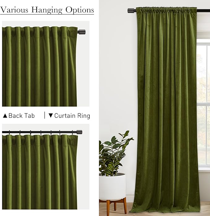 StangH Olive Green Velvet Curtains for Bedroom Room Darkening Thermal Insulated Window Drapes Super Soft Luxury Home Decoration for Living Room Nursery Kids, W52 x L84, 2 Panels