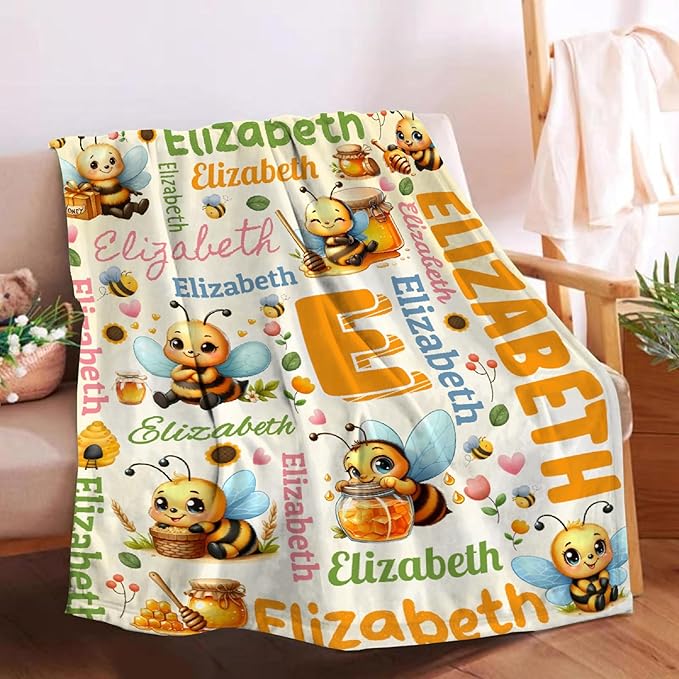 Personalized Custom Honeybee Preschool Blanket Gifts for Baby Toddler Kids Boys Girls - Customized Honeybee Super Soft Lightweight Flannel Sheets Decor for Crib Nap Couch - 40"x50" for Kids/Children
