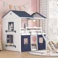 Full Size House Bunk Bed with Elegant Windows and Sills, Solid Wood Tent Bed Frame with Guardrails for Kids Teens Boys Girls, Versatile Spacious Under Bed Space with Curtains (White+Blue C)