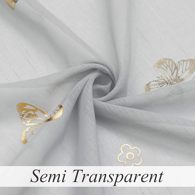 Jubilantex Grey Sheer Curtain with Gold Butterfly Pattern for Kids Room, Linen Textured Rustic Metallic Print 84 Inch Rod Pocket Window Drapes for Girls Bedroom Living Room, 2Panels
