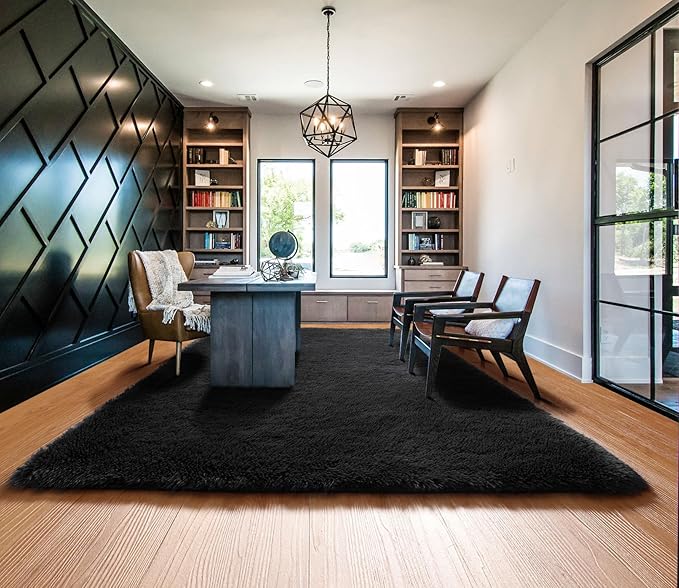 ONASAR Black Area Rugs 9x12 Living Room, Large Fluffy Shag Bedroom Rug, Washable Soft Plush Thick Shaggy Big Floor Carpet for Kids Boy and Girls Teen Dorm Nursery Indoor Home Decor Aesthetic