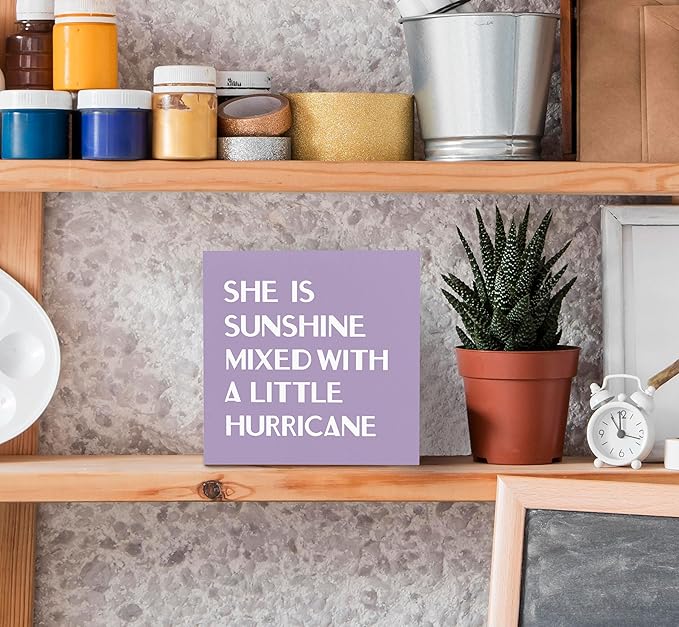 SRADMO She Is Sunshine Mixed with a Little Hurricane Boho Purple Wood Box Sign Desk Decor, Baby Girls Inspirational Wooden Box Decor for Girls Room Nursery Playroom Shelf Table Decorative Accessories