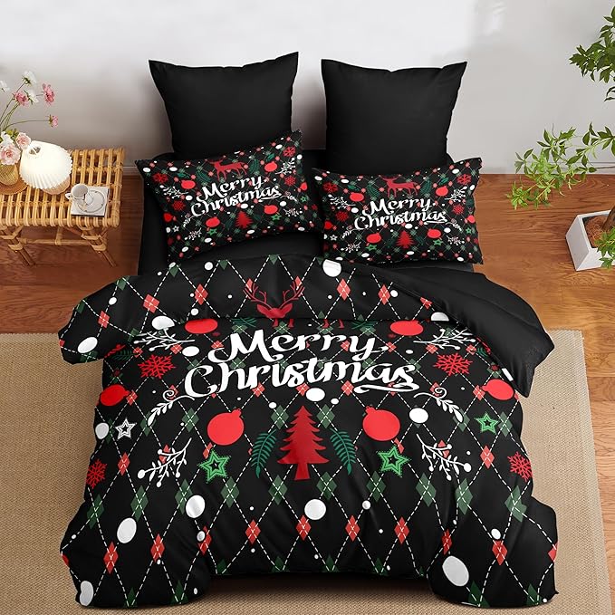 Christmas Duvet Cover Queen Size Black Christmas Tree Bedding Set 3 Pcs Kids Boys Girls Happy Holiday Xmas Comforter Cover with Zipper Closure
