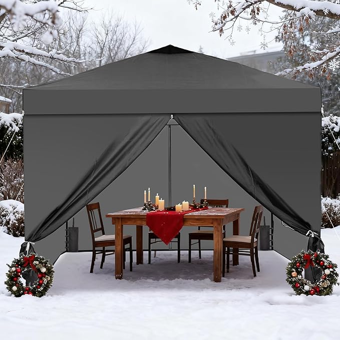GDY 12x12 Pop Up Canopy Tent with 4 Sidewalls, Easy Set up with One Push Lift Outdoor Silver Coated Beach Gazebos, Carpas for Pool, Events, Parties, and Camping, Black.