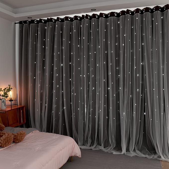 Kinryb Kids Blackout Curtains for Bedroom/Living Room/Classroom, Sheer Overlay 2 Free Tiebacks, Double Layer Curtains with Star Cutout for Kids Room(Each Piece W 70 x L 84 Inches 2 Pcs Chocolate)