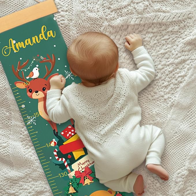 Canvas Height Chart Ruler Removable Hanging Wall Ruler Measurement Chart for Home Decoration, Waterproof Measuring Board, Foldable（Christmas Deer）