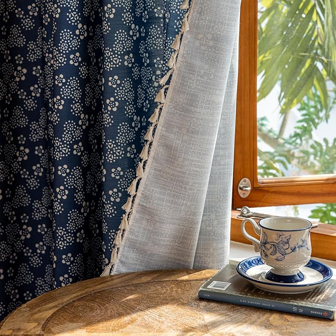 ENJOYBRIDAL White Floral Curtains 96 Inches Long Semi Sheer Navy Blue Drapes Decor Farmhouse Bedroom Tassel Window Curtains 2 Panel Sets Boho Rod Pocket Living Room Aesthetic Window Treatments