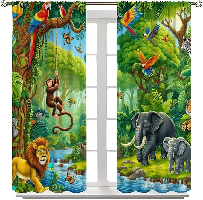 Animals Window Curtain Cartoon Jungle Forest Elephant Lion Print Curtains for Kids Boys Girls Nursery Baby Bedroom Playroom Home Decor Window Drapes 72" W X 63" L