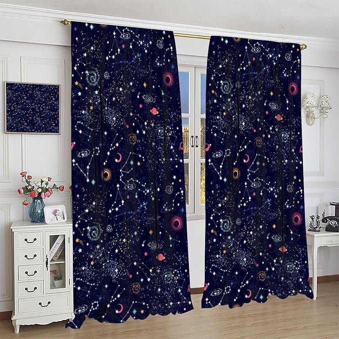 Kids Galaxy Curtains, Fantasy Stars Outer Space Universe Planets Print Window Treatments for Boys Girls Bedroom Nursery Playroom 42" W X 45" L