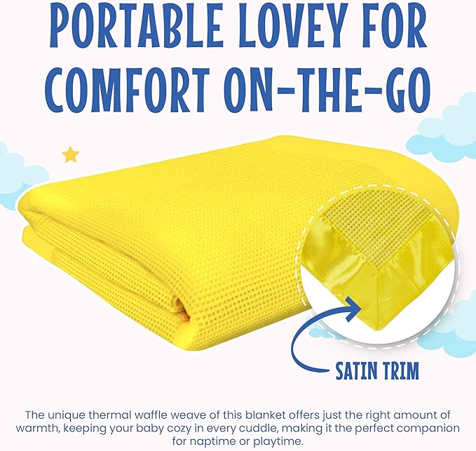 Thermal Waffle Knit Baby Blanket - Soft Breathable Mini Blanket for Newborns and Infants - Toddler Blankey for Strollers, Travel, Naptime, Nursery and More - 18" x 20" (Yellow, Satin Trim)