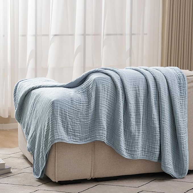 PHF Cooling Muslin Blanket King Size 104"x80", 6-Layer Lightweight Gauze Blanket Made from 35% Rayon Derived from Bamboo & 65% Cotton, Breathable & Ultra Soft Cozy, Aesthetic Home Decor, Dusty Blue