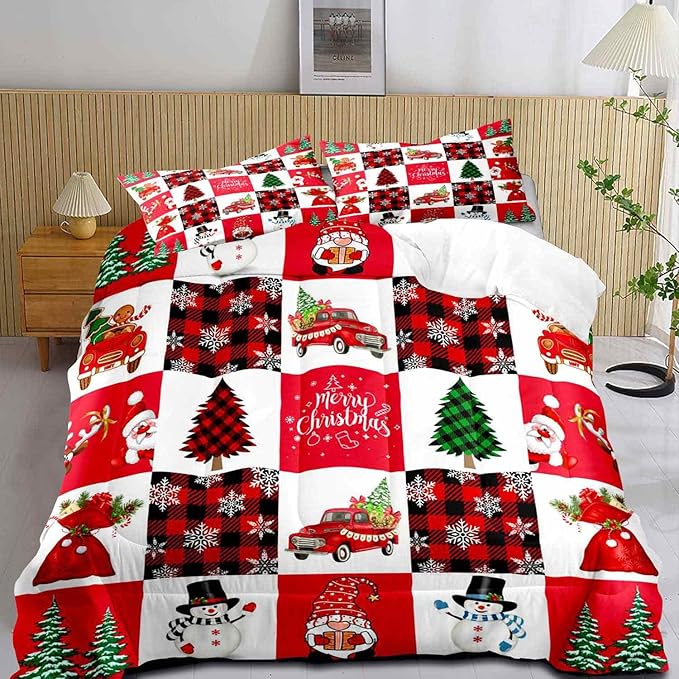 LUVIVIHOME 2PCS Merry Christmas Comforter Set Twin Size, Cartoon Cute Funny Santa Claus Snowman Gnome Truck White Red Black Plaid Bedding, Snowflake Xmas Tree Christmas Bedroom Decor, 1 Pillow Sham