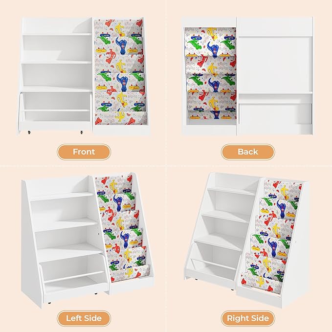 IRONCK Kids Bookshelf and Toy Storage, 42" Wide Large Toddler Bookshelf with Movable Drawer and 5 Sling Pockets, Montessori Book Shelf for Kids Rooms-White